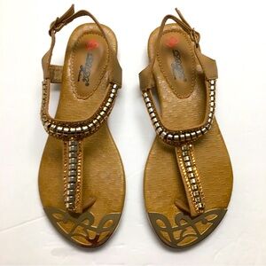 NEW Bohemian Sandals 7 Studded Beaded Rhinestones Slingback Open Toe Tan Gold